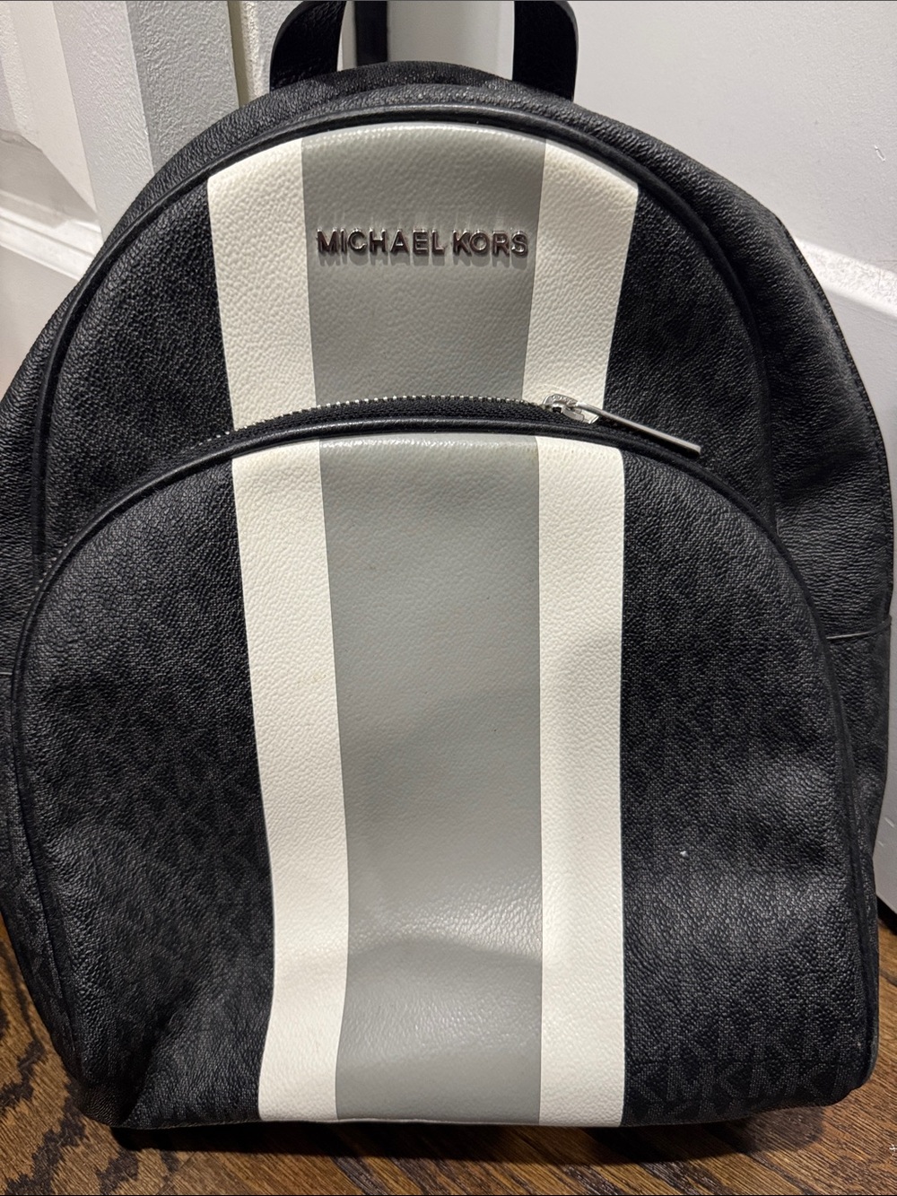 Michael Kors Black, White & Gray Stripe Logo Backpack